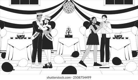 Prom high school dance party black and white line illustration. Prom queen king dancing couples 2D characters monochrome background. Celebration night. Highschool discotheque outline vector image