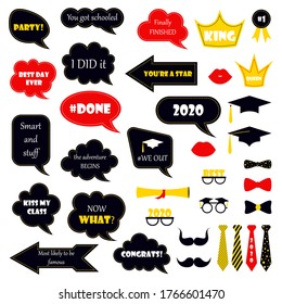 Prom. Invitation tags for the graduation party, graduation party. Photobooth vector set. Congrats grad phrase. Black bubbles with funny quotes. For selfie.