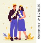 Prom king and queen concept. Man and woman in crowns stand together and hug each other. Students at graduation party and event. Cartoon flat vector illustration isolated on beige background