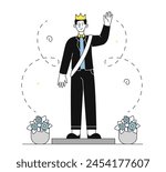 Prom king simple. Guy in black suit and crown at head. University or high school student. Beauty contest winner. Aesthetics and elegance. Doodle flat vector illustration isolated on white background