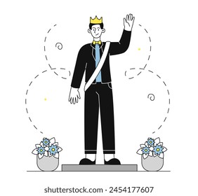 Prom king simple. Guy in black suit and crown at head. University or high school student. Beauty contest winner. Aesthetics and elegance. Doodle flat vector illustration isolated on white background