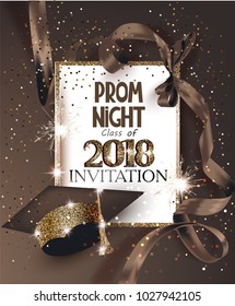 PROM NIGHT 2018 with hat, ribbon, golden frame and confetti. Vector illustration