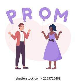 Prom night 2D vector isolated illustration. Friends celebrating and dancing flat characters on cartoon background. Colorful editable scene for mobile, website, presentation. Fredoka One font used