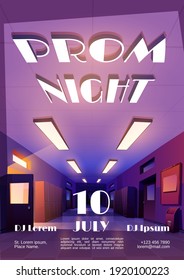 Prom Night Cartoon Invitational Poster To Graduation Party Or Disco With Empty Dark School Corridor, College Or University Hallway With Glow Lams Perspective View. Bachelor Celebration Vector Flyer