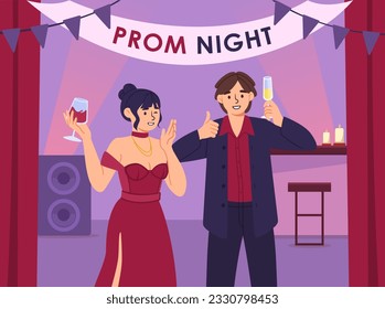 Prom night concept. Boy and girl with drinks in glass cups. Tasty liquid and beverage. School graduates and teenagers. Party and event, disco. Invitation postcard. Cartoon flat vector illustration