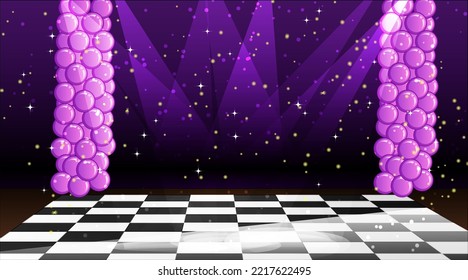 Prom Night Dancefloor Scene Background with Lights and Balloons. Vector Illustration