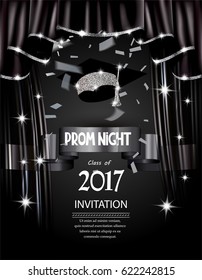 Prom night elegant banner with back curtains with silver sparkling rims. Vector illustration