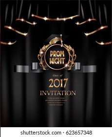 Prom night elegant banner with back curtains with gold sparkling edges and hat. Vector illustration