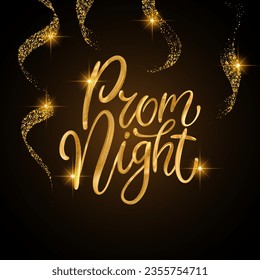 Prom night glitter text card. Shiny sparkle 3d vector gold golden lettering calligraphy card