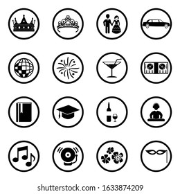 Prom Night Icons. Black Flat Design In Circle. Vector Illustration.