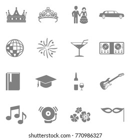 Prom Night Icons. Gray Flat Design. Vector Illustration. 