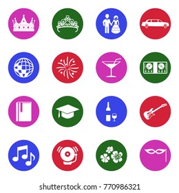 Prom Night Icons. White Flat Design In Circle. Vector Illustration. 