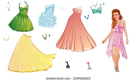 Prom Night Paper Doll with Beautiful Lady, Outfits and Accessories. Vector Illustration