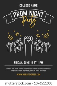 Prom Night Party Invitation Card With Hands Raised Throwing Academic Hats Up And Showing Diplomas. Vector Template Design With Thin Line Icons For Highschool, College Or University Student Event