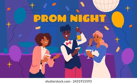 Prom night people at disco. Waiter with two women. Nightlife, party and event. Visitors of bar with alcoholic drinks. Greeting postcard template. Cartoon flat vector illustration