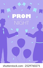 Prom night poster. Silhouettes of boy and girl with glass and balloons. School party and event. Education and learning. Brochure, booklet and flyer. Flat vector illustration