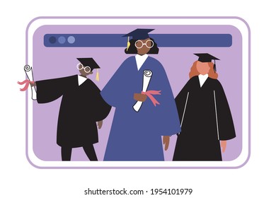 Prom online. Happy students in a bathrobe and a hat with a tassel, holding a diploma in their hands. Colorful vector illustration drawn by hand. All elements are isolated. University graduates.