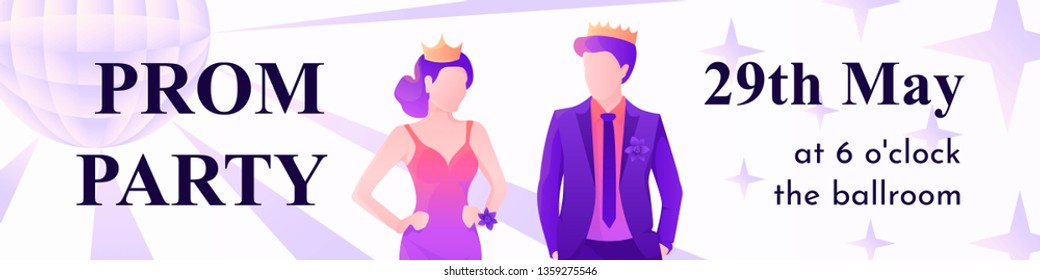 Prom party horizontal banner template with young and beautiful prom king and queen. Vector illustration for web and printing.