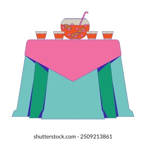 Prom Party Tisch Punsch Schüssel Pfanne Tassen 2D Cartoon Objekt. Getränkeerfrischung. Köstliche Zitrusfrucht Getränk Tischdecke einzeln Element flachen Vektor Clipart auf weißem Hintergrund. Spot-Illustration