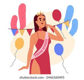 Prom queen concept. Woman in red dress and golden crown with colorful air balloons. Graduation party and event, ceremony. Beauty and elegance, aesthetics. Cartoon flat vector illustration