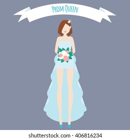 Prom queen flat illustration. Girl in fashion blue dress with roses and crown