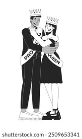 Prom queen king high school dance black and white 2D line characters. Crowns on heads. Interracial couple prom highschool adolescents isolated vector outline people. Monochromatic spot illustration