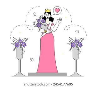 Prom queen simple. Girl in pink dress with bouquet of flowers and crown at head. University or high school student. Poster or banner. Aesthetics and elegance. Doodle flat vector illustration