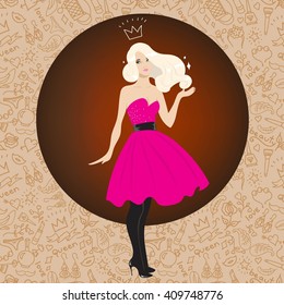 Prom queen vector. Beautiful girl in a cocktail dress vector illustration. Blonde girl in fashionable dress. The blonde in a pink dress.