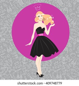 Prom queen vector. Beautiful girl in a cocktail dress vector illustration. Blonde girl in fashionable dress. Brunette in lemon dress.