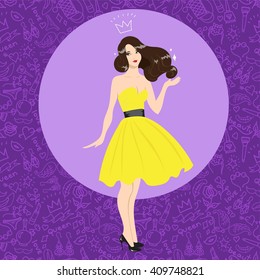 Prom queen vector. Beautiful girl in a cocktail dress vector illustration. Girl brunette in fashionable dress. Brunette in lemon dress.