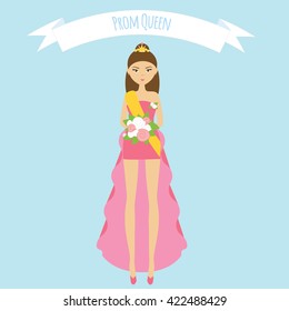 Prom queen vector illustration. Girl in long fashion pink trap dress with roses and golden crown