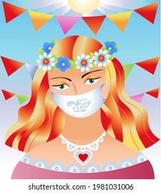 The prom queen wearing a mask and a crown of flowers. Promenade and graduation.