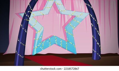 Prom Theme Background Scene with Decorative Star, Photo Arch and Red Carpet. Vector Illustration