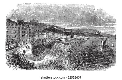 Promenade des Anglais ( Englishmen Walkway) in Nice, France, vintage engraved illustration. Trousset encyclopedia (1886 - 1891).