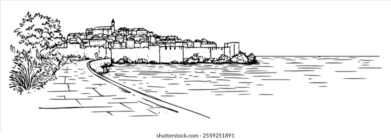 promenade in Dubrovnik hand drawing doodle hatching vector sketch