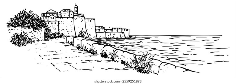 promenade in Dubrovnik hand drawing doodle hatching vector sketch