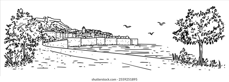 promenade in Dubrovnik hand drawing doodle hatching vector sketch