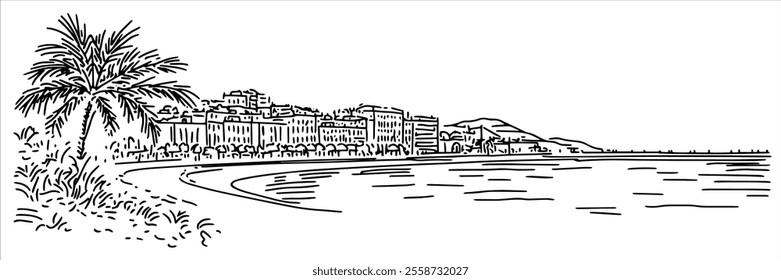 promenade in Nice city panorama hand drawing doodle hatching vector sketch