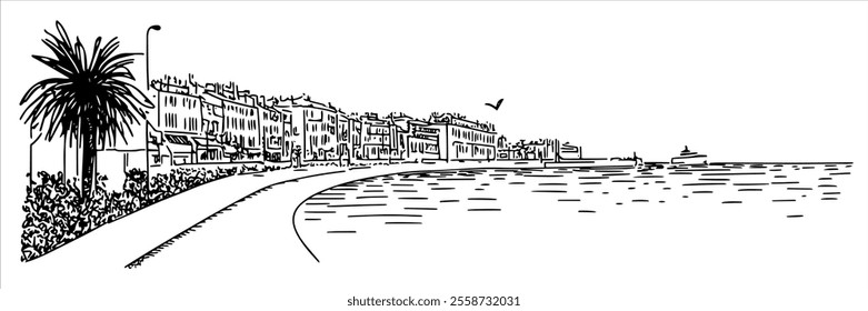 promenade in Nice city panorama hand drawing doodle hatching vector sketch