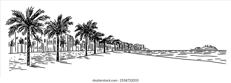 promenade in Nice city panorama hand drawing doodle hatching vector sketch