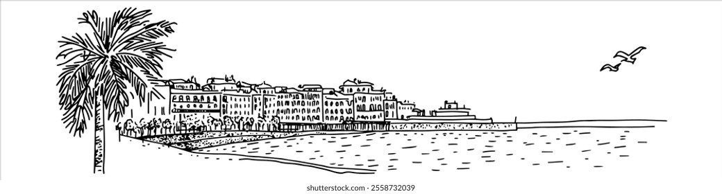 promenade in Nice city panorama hand drawing doodle hatching vector sketch