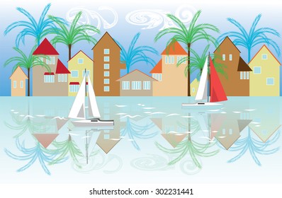 promenade of the seaside town, buildings reflected in the water, floating on water yacht