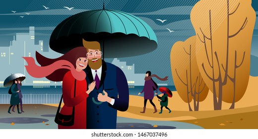 Promenade of a young couple in the autumn city park under an umbrella.  City street scene. Vector illustration