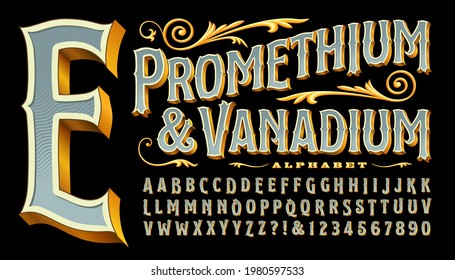 Prometheum and Vanadium is an ornate antique style font with gold edges and 3d depth. Classic old-world style reminiscent of circus, carnivals, carousels, western saloons, tattoo parlor logos, etc - Shutterstock ID 1980597533