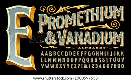 Prometheum and Vanadium is an ornate antique style font with gold edges and 3d depth. Classic old-world style reminiscent of circus, carnivals, carousels, western saloons, tattoo parlor logos, etc