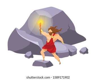 Prometheus flat vector illustration. Divine hero stealing fire. Preolympian titan with beacon on mountain. Traveling and exploring. Man with torch isolated cartoon character on white background