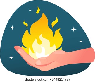 Prometheus gives fire to people, palm with flame. Stock vector illustration