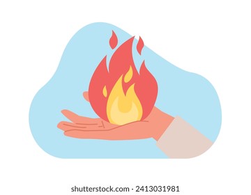 Prometeo mano con fuego en la palma de su mano. Brazo humano con llama roja. Dale una hoguera. Historia bíblica, mito religioso. Mitología griega. Pegatina, logotipo o emblema. Concepto de vector plano de dibujos animados