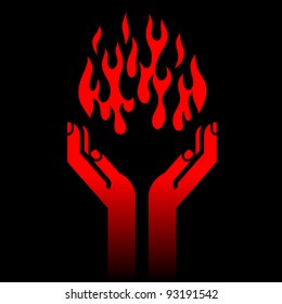 prometheus' hands with fire on black