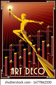 Prometheus with a torch against the background of skyscrapers and cranes. Handmade drawing vector illustration. Art deco style poster.